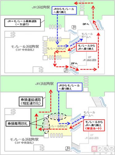 東京モノレールとJR東、浜松町駅の「乗り換え通路」相互通行化　2018年3月から