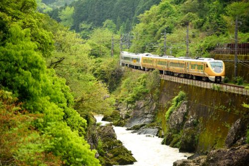 福知山線の新緑の渓谷を行く２８９系「こうのとり号」と２２３系ローカル電車（下滝～丹波大山）