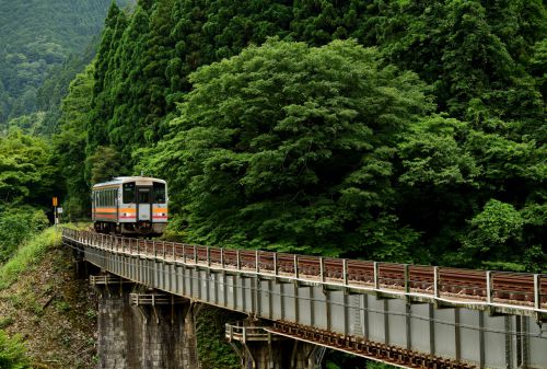 因美線の峠の橋梁を行くキハ１２０ローカル列車（美作河井～知和）