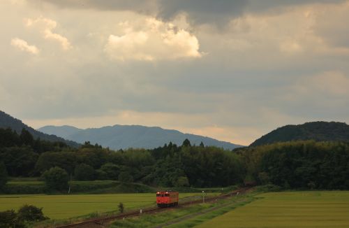 山口線の夕景の光線の中を行くキハ４０系ローカル単行列車（徳佐～鍋倉）