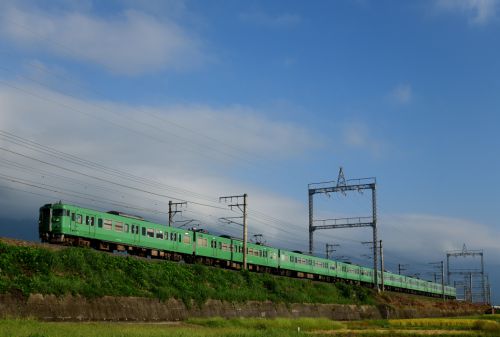湖西線の比叡山系の白い雲ををバックに行く１１３系ローカル電車他（小野～和邇）