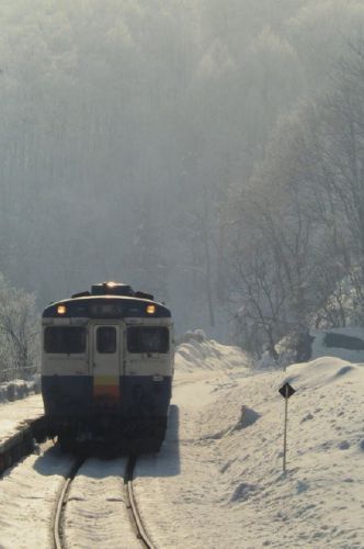 雪晴れの小さな駅に降り立って　飯山線蓮駅にて　1994-12-24