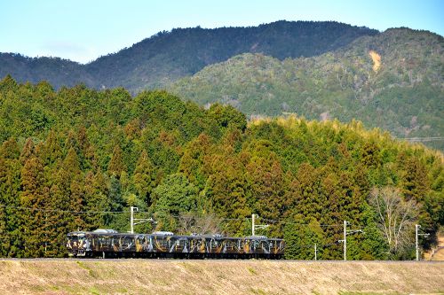 草津線の近江の山々を背景に行く１１３系忍び電車他（貴生川～三雲）