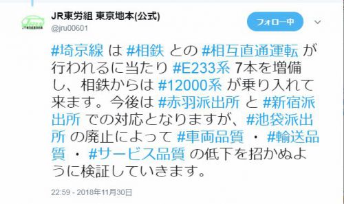 【JR東日本】埼京線E233系7000番台7編成70両を相鉄線直通対応用に追加増備【JR東労組公式Twitterより】