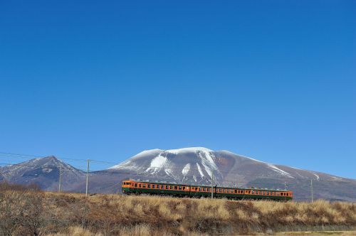 浅間山と急行電車