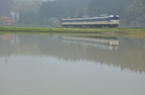 越後線の水田風景の中を行く新潟１次色塗装の１１５系電車（出雲崎～妙法寺）