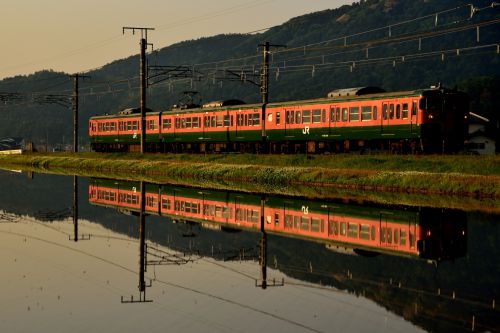 山陽本線の水田風景の中を行く湘南色１１５系ローカル電車他（三石～上郡）