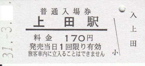 上田電鉄上田駅硬券入場券、硬券乗車券(2019年)