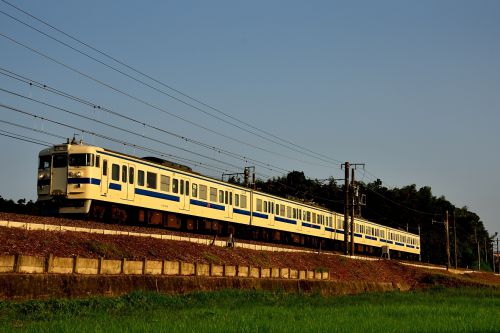 鹿児島本線の朝陽の中を駆ける４１５系交直流近郊型電車他（原田～天拝山）