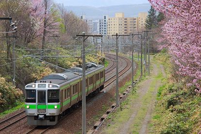 函館本線の森林公園～大麻間のサクラと列車