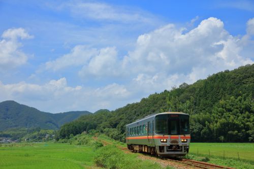 姫新線の盛夏の里山を行くキハ１２２系単行列車（佐用～播磨徳久）