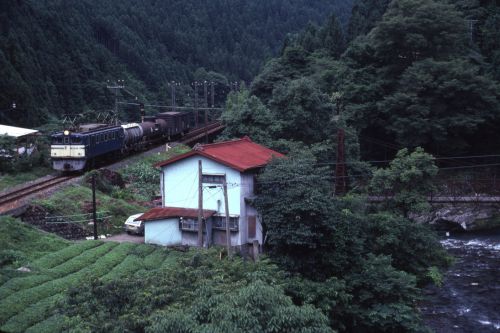 梅雨の終わり頃の雨の中を走る電車と貨物列車　- 1982年・飯田線 -