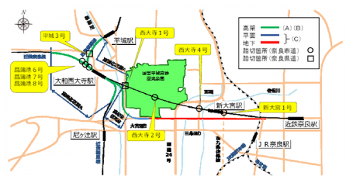 【奈良県】近鉄奈良線の踏切道改良計画を発表。平城宮跡を走る近鉄奈良線は2060年度に移設予定