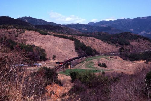 牧場の真ん中を赤い機関車の牽く貨物列車が通る　- 土讃本線・1982年 -