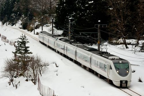 山陰本線の雪景色を往来する２８９系特急編成と１１３系ローカル電車（梁瀬～上夜久野）