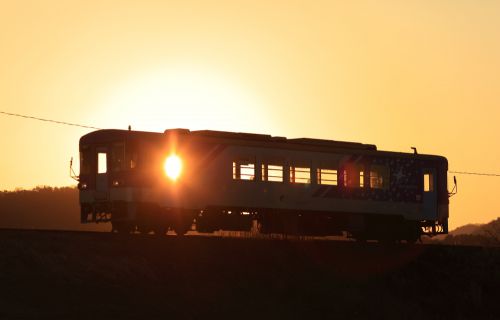北条鉄道の里山風景を照らす夕陽の中を行くフラワ２０００ー２形（網引～田原）