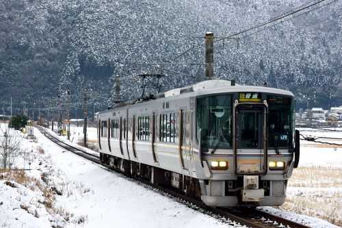 福知山線の雪の花の咲く雪景色を行く２２３系ローカル電車と２８９系特急「こうのとり号」（黒井～石生）