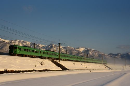 湖西線の雪原の湖北を駆け抜ける１１３系ローカル電車と６８３系特急「サンダーバード号」（マキノ～近江中庄）